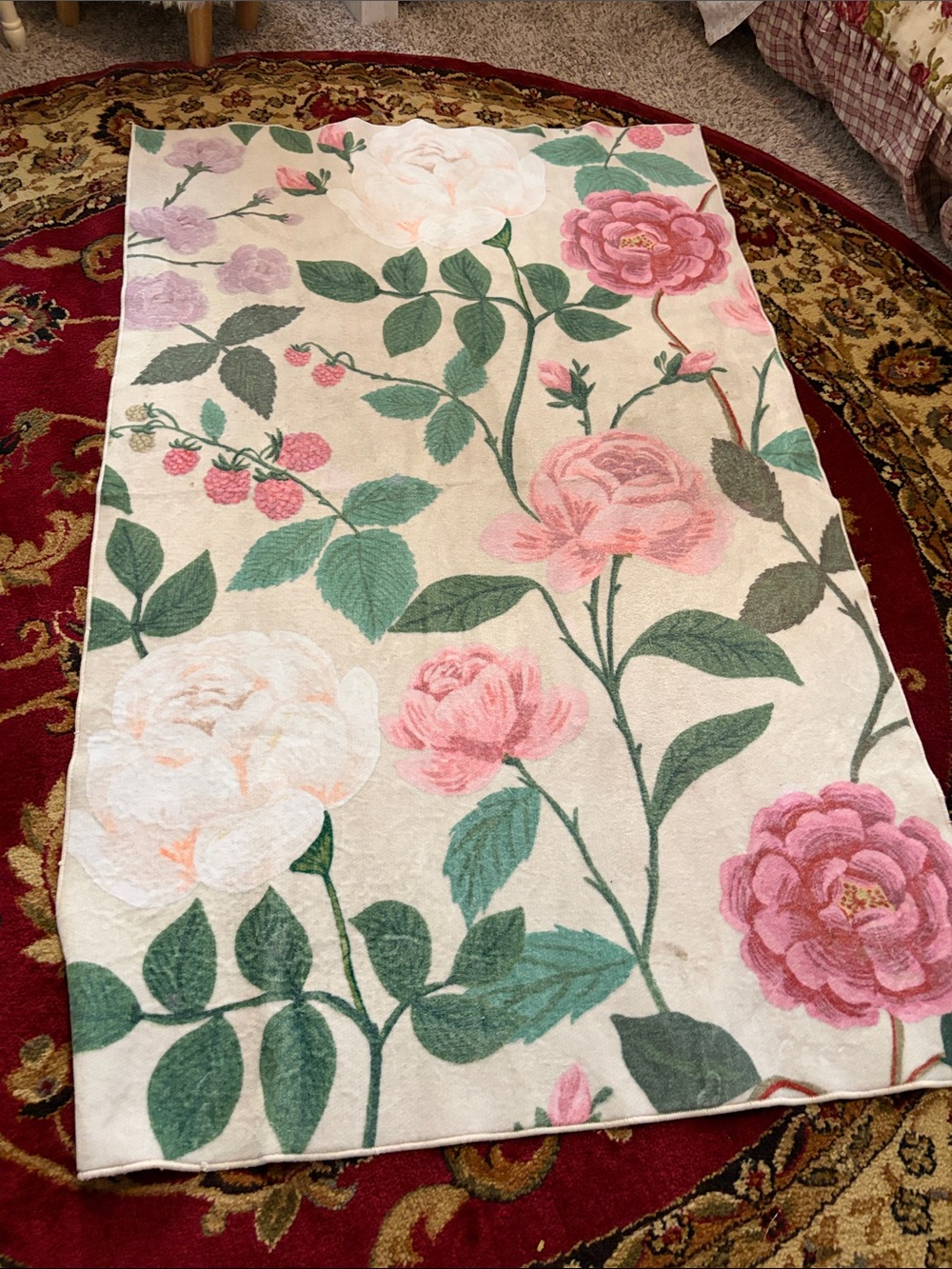 Rifle Paper Co. Cream rug with Pink Roses and Green Leaves